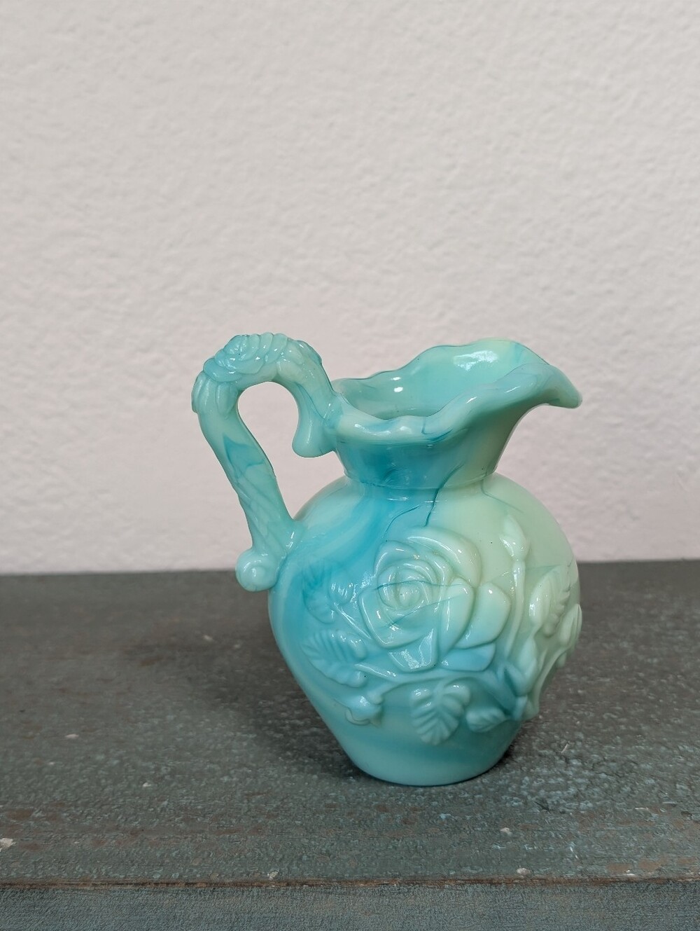 Avon Vintage Teal Green Blue Slag Glass Creamer Pitcher w/Rose Details 4" Tall